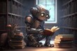 A robot in a cozy library, surrounded by books, engrossed in reading with its mechanical eyes focused on the pages.