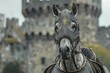 Horse foal in a knight's armor, gallantly standing, castle walls blur background.