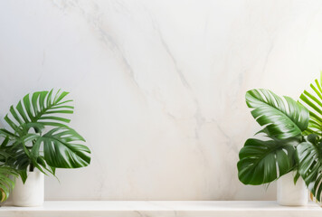 Wall Mural - Empty marble table top with monstera flowers on a light texture background. Concept for presentation of promotional products, sale or demonstration of cosmetics. Generated AI.