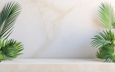 Wall Mural - Empty marble board with palm leaves on a light texture background. Concept for presentation of promotional products, sale or demonstration of cosmetics. Generated AI.