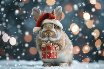 Wall Mural - A rabbit in a Santa Claus outfit, holding a gift bag, against a snowy night blur background.