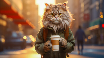 Wall Mural - A tourist cat in a green jacket and with a backpack holds a cup of coffee in his paws against the backdrop of the architectural beauty of the cityscape in a cinematic style. AI generated.