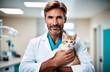 An experienced veterinarian gently cuddles a cute kitten as she prepares to examine it