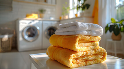 Photo of stack of towels on the foreground. There is washer and dryer on the back. Cozy photo of laundry room