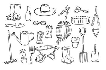 Set of hand drawn doodles of items for gardening. Vector outline garden tools on white background. Various equipment and facilities for gardening, farming. Ideal for coloring pages, tattoo, pattern
