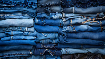 Denim background. Variety of crumpled blue jeans. Top view to stack of jeans denim