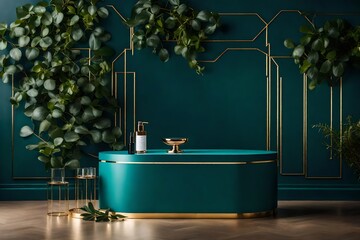 Wall Mural - bath in the bathroom with flowers, Step onto the stage of elegance with a captivating scene featuring a podium background for product display, adorned with a green platform and blue stand against a ba