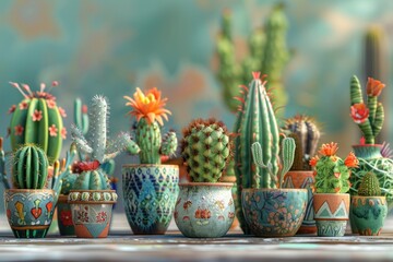 Several cactus plants are clustered closely together, their spiky green stems reaching upwards. The varying shapes and sizes of the cacti create an interesting display of desert flora