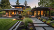 A craftsman style house in a sleek graphite, featuring a backyard with an architectural water feature and a basalt sidewalk leading to a minimalist Zen garden.