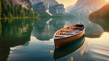 Fantastic sunrise on lake braies in south tyrol, italy, Beautiful view of traditional wooden rowing boat on scenic Lago di Braies in the Dolomites in scenic morning light at sunrise, AI Generated