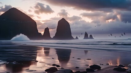 Wall Mural - Sunset at Reynisfjara Beach, Iceland, Europe, Cannon Beach Dusk Solitude. Evening twilight at Haystack Rock in Cannon Beach, Oregon as the surf washes up onto the beach. United States, AI Generated