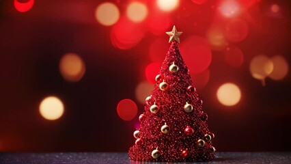 Sticker - Christmas tree on red bokeh background. New Year concept, Christmas Tree With Ornament And Bokeh Lights In Red Background, AI Generated