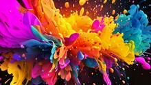 Colorful Paint Splashes Isolated On Black Background. Abstract Background, Colorful Paint Splashes And Blots On Black Background, AI Generated