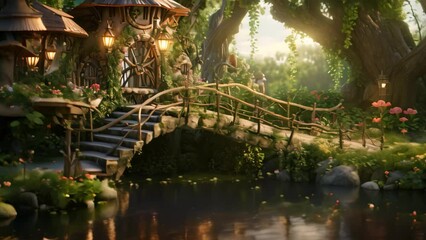 Poster - Beautiful fantasy garden with wooden bridge over the river in the evening, Fairy house on the river and wooden bridge, AI Generated