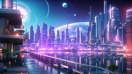 Wall Mural - Futuristic city at night. 3d rendering toned image, Futuristic inspired border town with neon lights, AI Generated