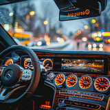 Fototapeta Londyn - Luxurious Car Interior View on Rainy Evening