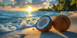 © Evgeniy - opened coconut. vocation in tropical wonderful place. Space for text. sandy beach sunny day waves open blue sky. header social media post graphic element, banner print wallpaper. Generative Ai content