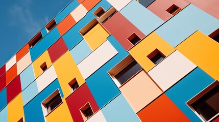 Poster - A colorful geometric building with vibrant ornamentation and windows on the wall stands out in the cityscape, offering a dynamic architectural element.