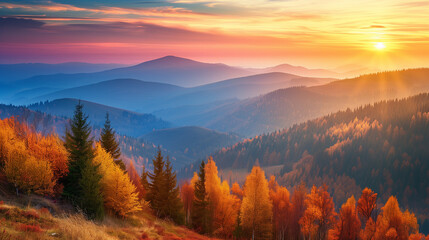 Panoramic Mountain View at Sunrise in Autumn