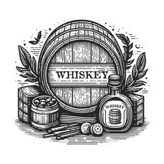 Wall Mural - Vintage wooden barrel with whiskey or beer sketch engraving generative ai vector illustration. Scratch board imitation. Black and white image.