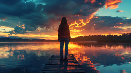 Young woman standing lakeside on jetty having a look at magical cloudscape and sunset colors -