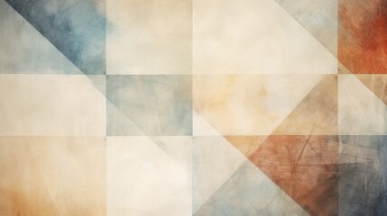 Wall Mural - A grungy and grainy bleached abstract color background is composed of intersecting geometric figures, showcasing a vintage paper texture in a square shape.