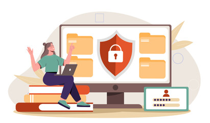 Website login password. Woman sitting at stack of books with laptop. Electronic storage and archive. Authorization and authentication. Cartoon flat vector illustration isolated on white background
