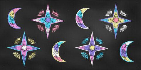 Wall Mural - Realistic Chalk Drawn Sketch. Set of Design Elements Stars and Moons Isolated on Chalkboard Backdrop.