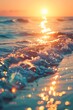 A breathtaking blue sunset over a beach, highlighted by light orange and gold tones with a naturalistic ocean, enhanced by split toning and luminous water effects.