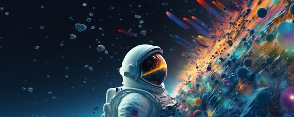 Wall Mural - astronaut walking in space exploring universe planets and space life, banner. generative ai.