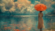 Reflective Solace: Woman With Red Umbrella By The Lake