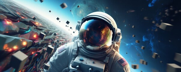 Wall Mural - astronaut walking in space exploring universe planets and space life, banner. generative ai.