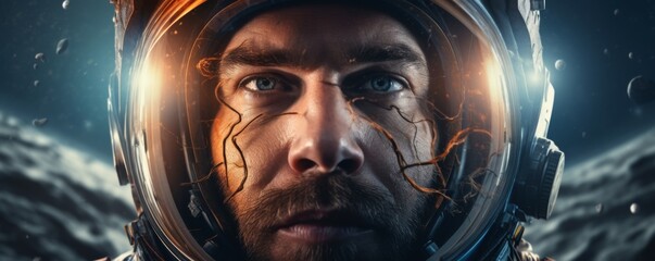 Wall Mural - portrait of astronaut walking in space exploring universe planets and space life, banner. generative