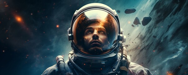 Wall Mural - portrait of astronaut walking in space exploring universe planets and space life, banner. generative