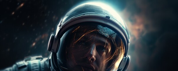Wall Mural - portrait of astronaut walking in space exploring universe planets and space life, banner. generative