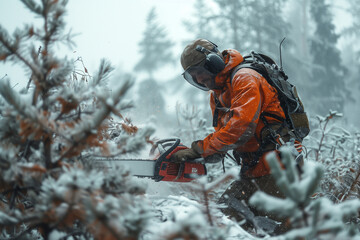 Woodcutter is cutting wood in the forest with a chainsaw