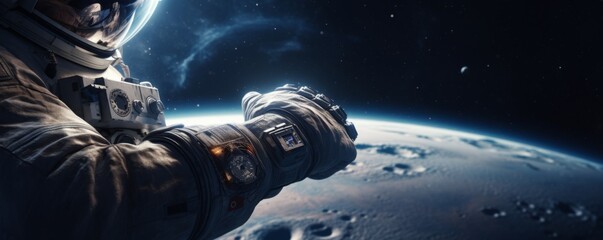Wall Mural - astronaut walking in space exploring universe planets and space life, banner. generative ai.