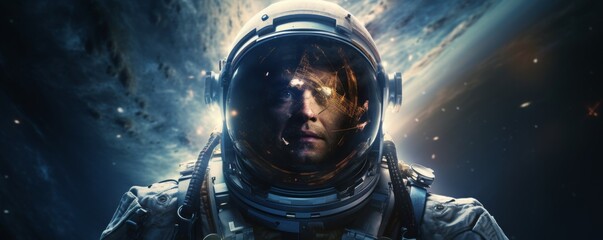 Wall Mural - portrait of astronaut walking in space exploring universe planets and space life, banner. generative