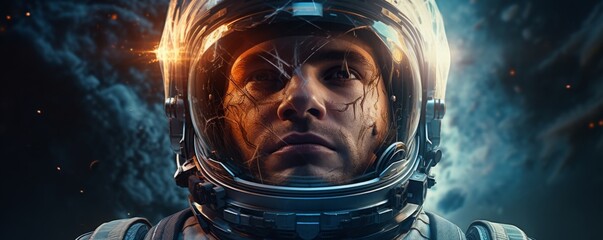 Wall Mural - portrait of astronaut walking in space exploring universe planets and space life, banner. generative