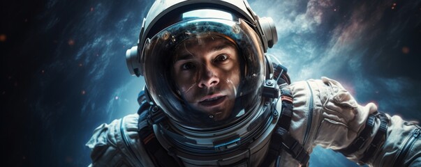 Wall Mural - portrait of astronaut walking in space exploring universe planets and space life, banner. generative