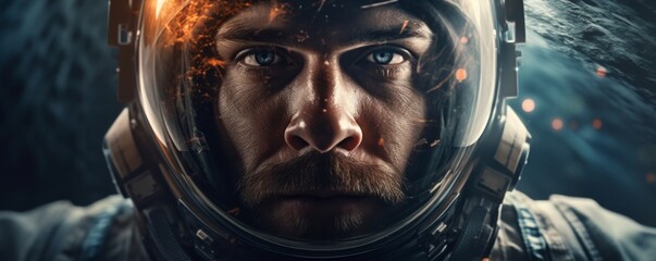 Wall Mural - portrait of astronaut walking in space exploring universe planets and space life, banner. generative