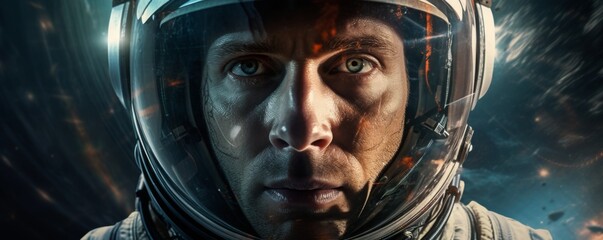 Wall Mural - portrait of astronaut walking in space exploring universe planets and space life, banner. generative