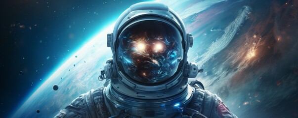 Wall Mural - astronaut walking in space exploring universe planets and space life, banner. generative ai.
