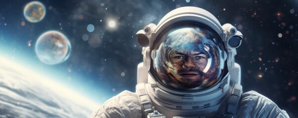 Wall Mural - portrait of astronaut walking in space exploring universe planets and space life, banner. generative