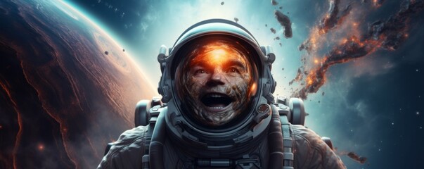 Wall Mural - portrait of astronaut walking in space exploring universe planets and space life, banner. generative
