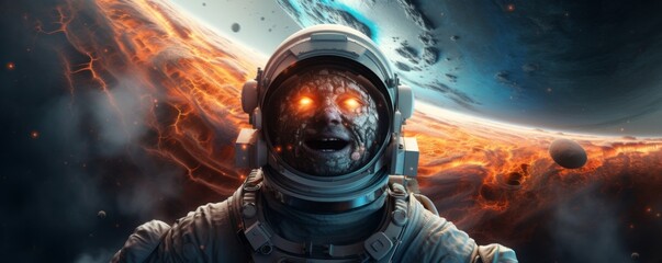 Wall Mural - astronaut walking in space exploring universe planets and space life, banner. generative ai.