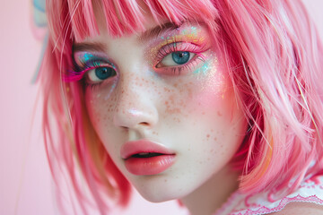 A beautiful portrait young woman with pink hair, freckles, and glittery eyeshadow