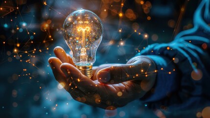 Hand of businessman holding illuminated light bulb with network connection line, idea, innovation and inspiration concept. concept creativity with bulbs that shine glitter. 