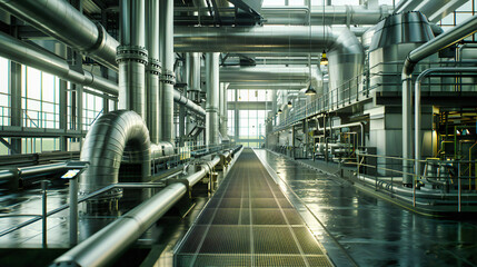 Wall Mural - Steel Pipes in Industrial Factory, Technology and Engineering Concept, Blue Toned Manufacturing Scene
