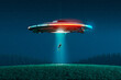 © Dabarti - Extraterrestrial flying saucer light beam kidnapping human over a field of grass